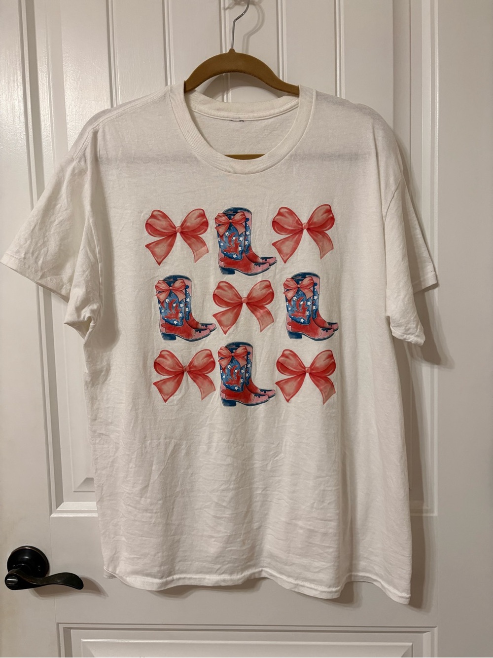 White Graphic Tee with Red Bows & Blue Cowboy Boots